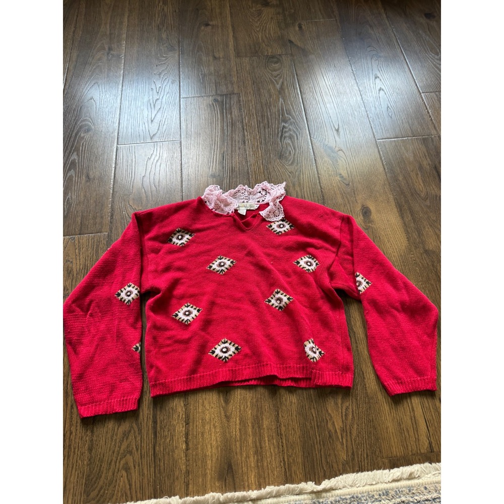 Vintage Chaus Red Knit Sweater Pink Lace Collar Embroidered Diamond Eyelet M